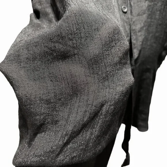 Mandarin Collar Sheer Button Down Long Sleeve Shirt Black - Picture 3 of 5